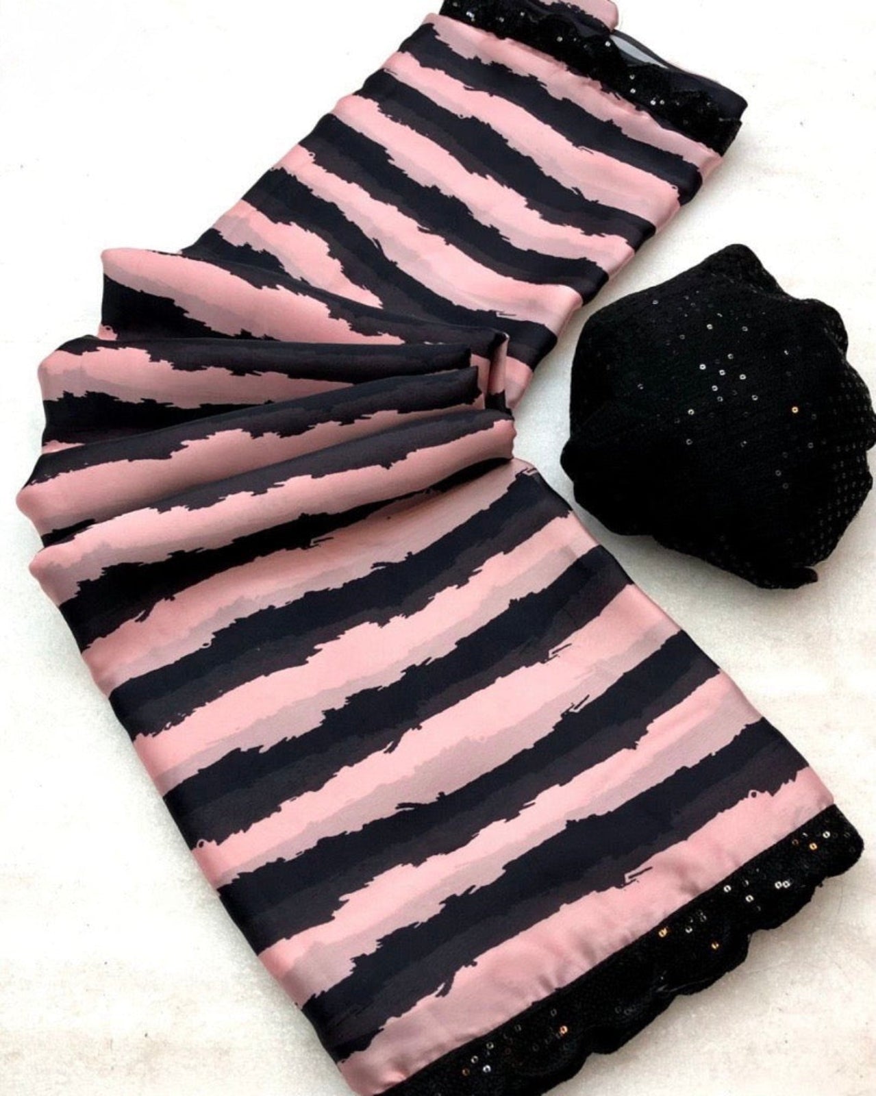 Blush & Noir Satin Striped Party Saree with Sequined Lace Border