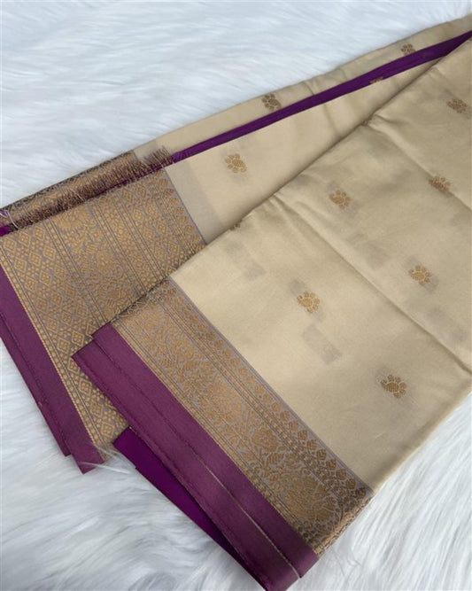 Beige Silk Saree with Gold Zari Buddas and Plum Border