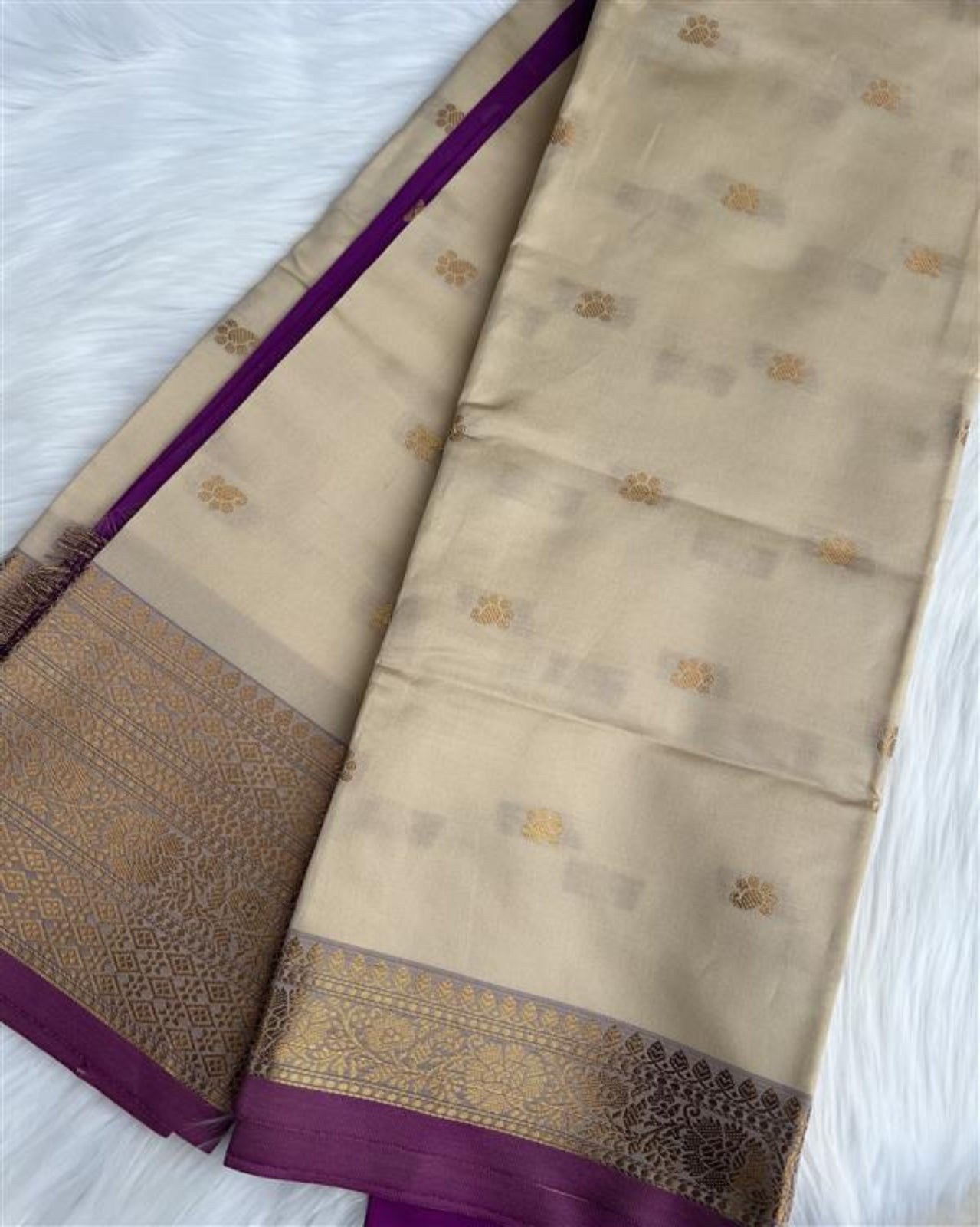 Beige Silk Saree with Gold Zari Buddas and Plum Border