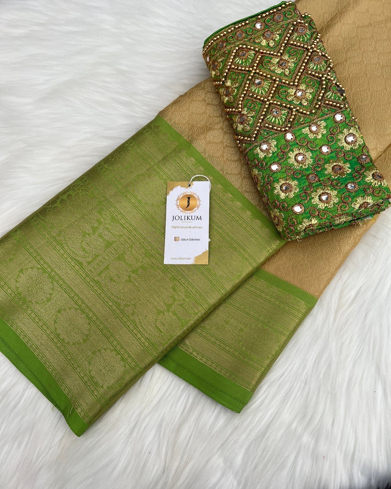 Caramel Soft Silk Saree with Green Designer Blouse