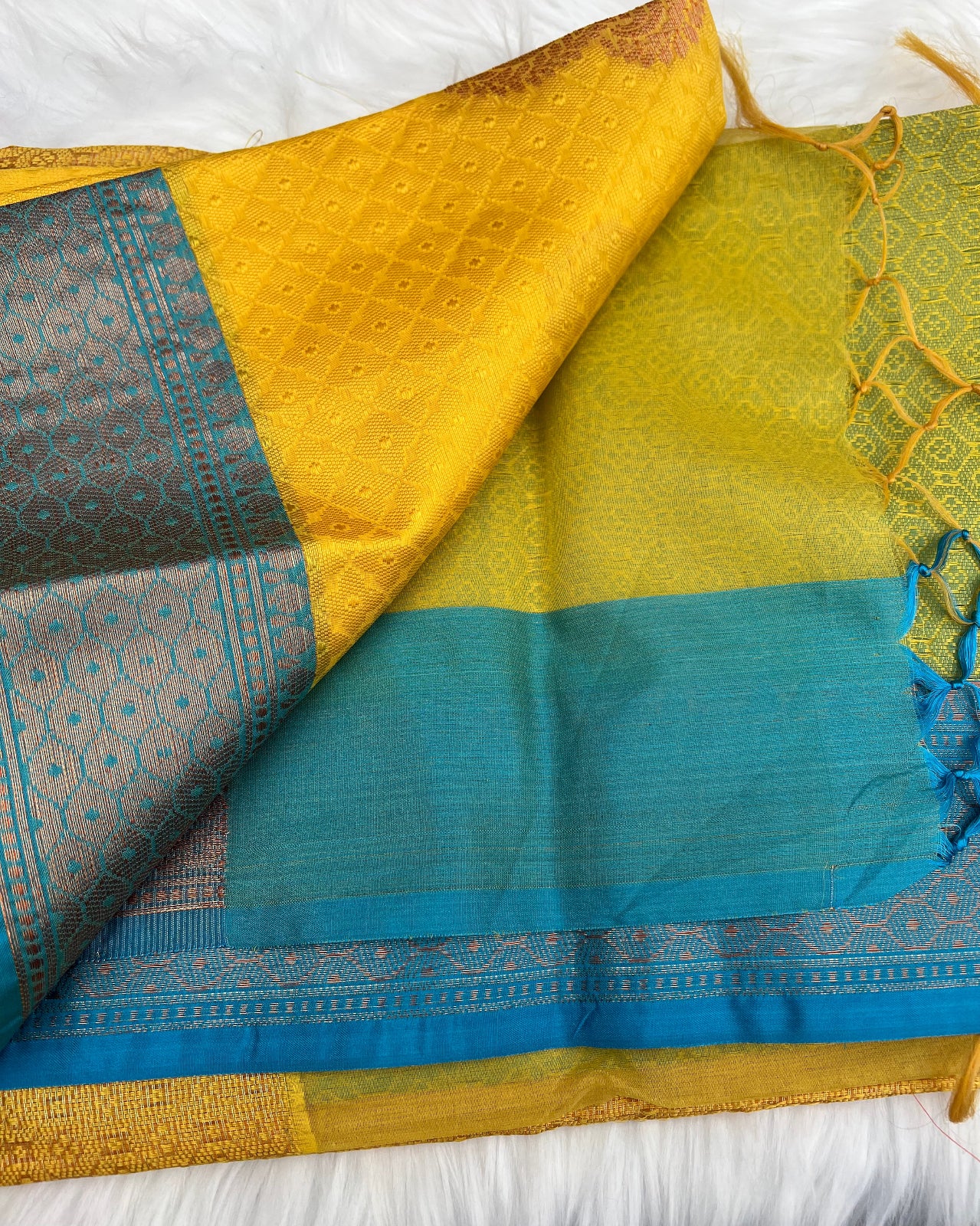 Vibrant Yellow Cotton Silk Saree with Bold Blue Border