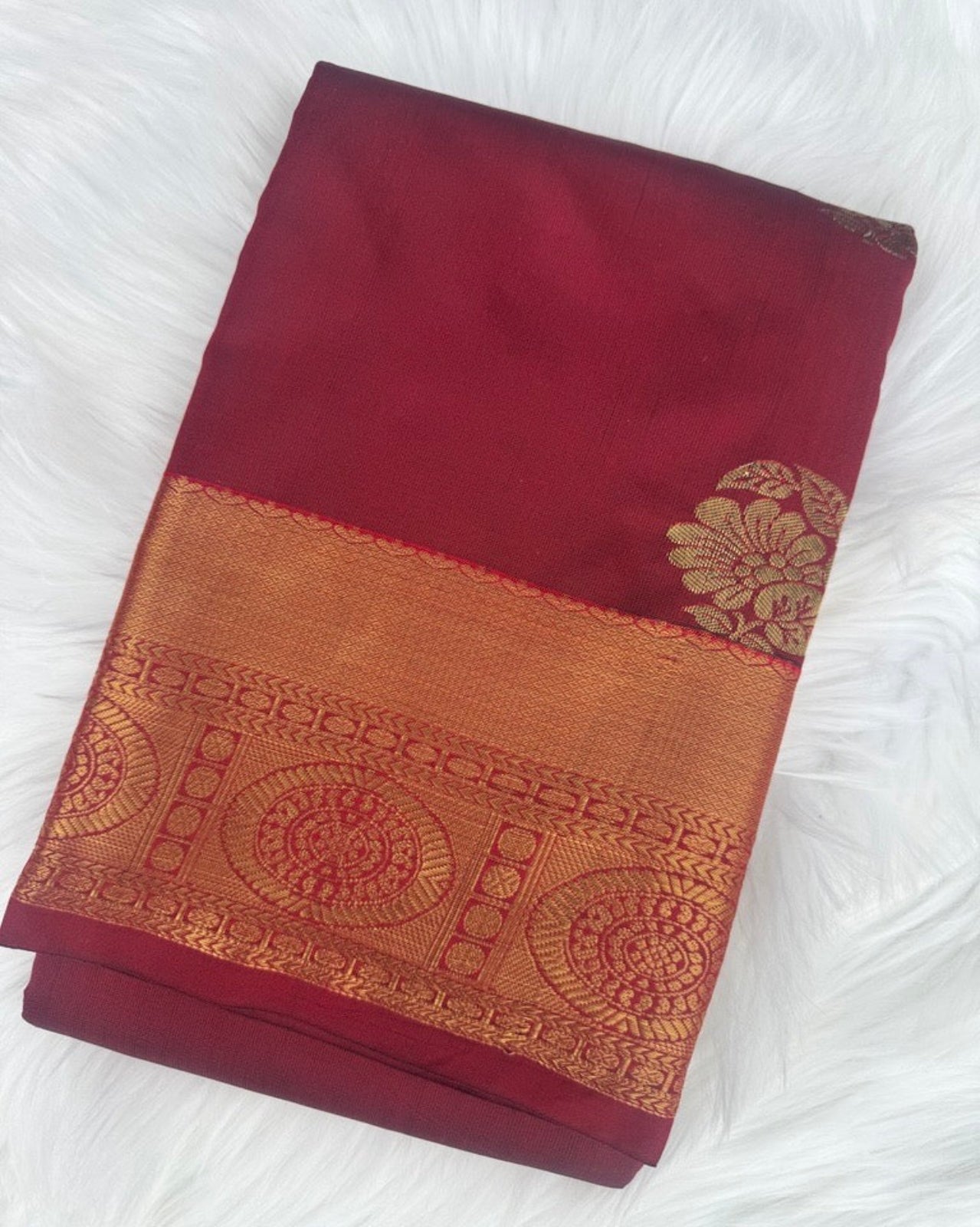 Red Semi-Silk Saree with Gold Border and Motifs