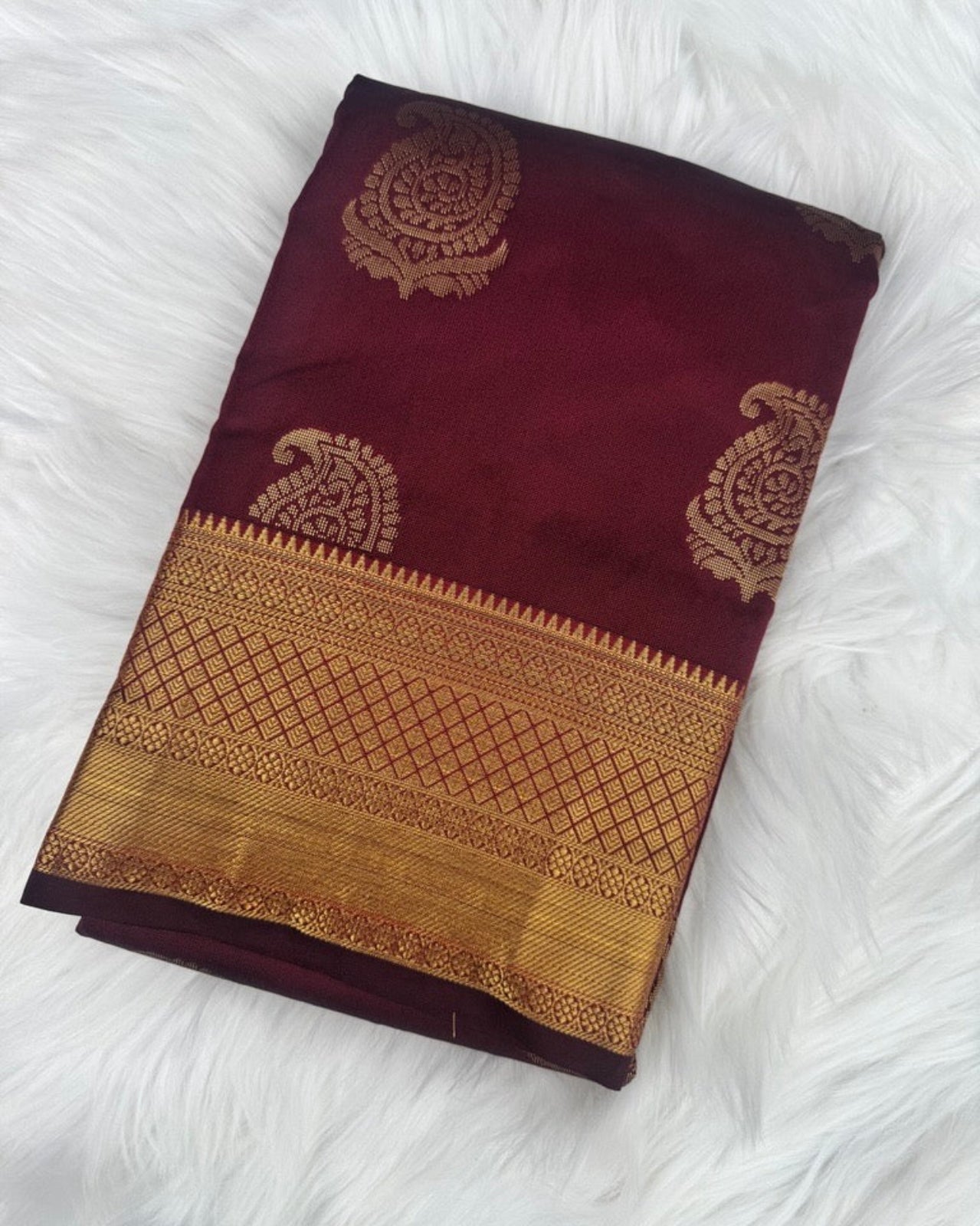 Maroon Semi-Silk Saree Featuring Gold Motifs