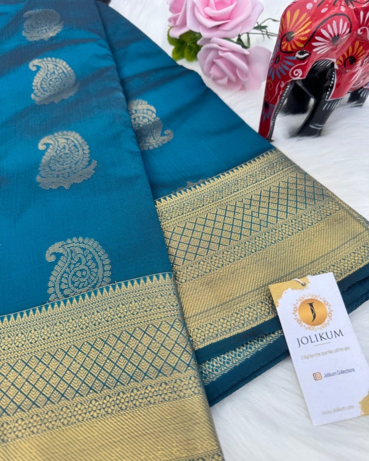 Light Navy Blue Semi-Silk Saree with Gold Border and Buddha Motifs