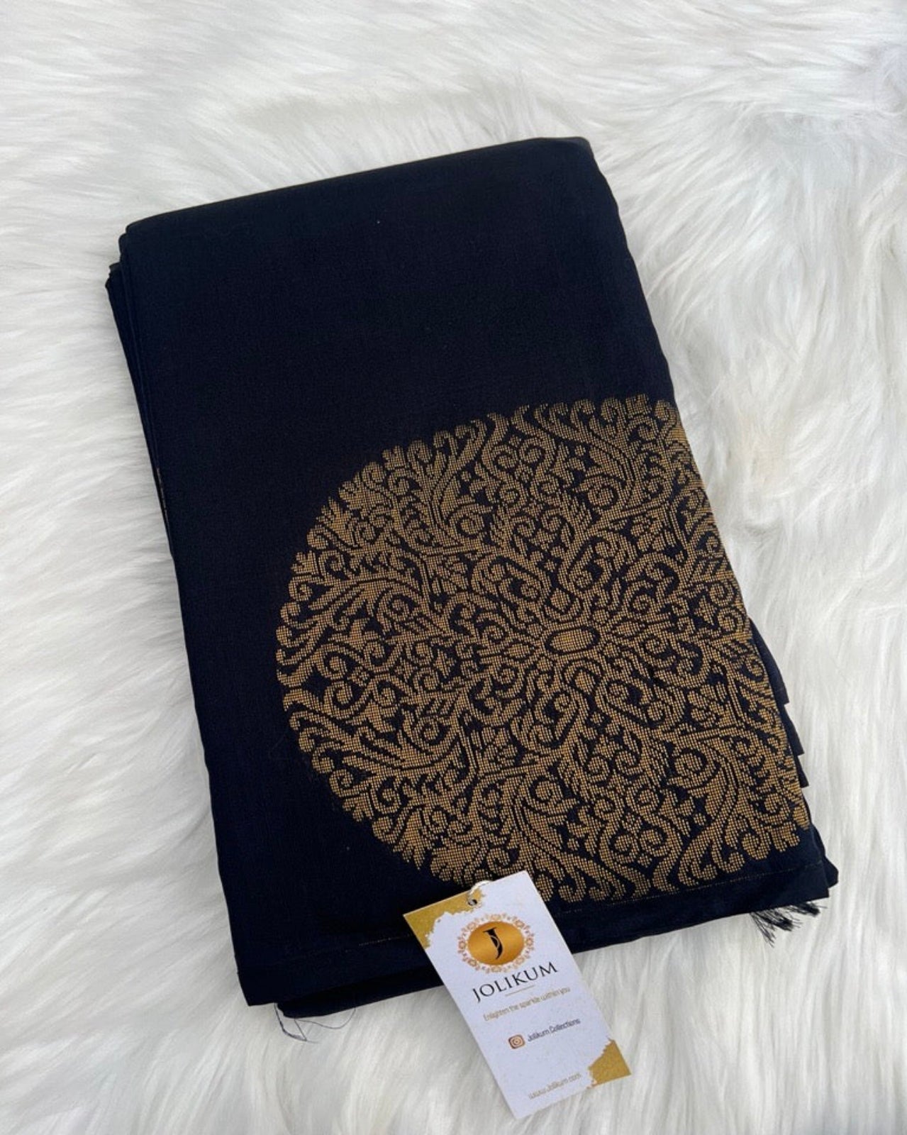 Black Semi-Silk Saree with Large Gold Buddha Motifs