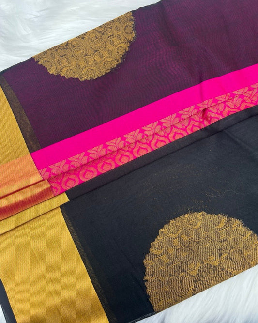 Black Cotton Silk Saree with Elegant Gold Border