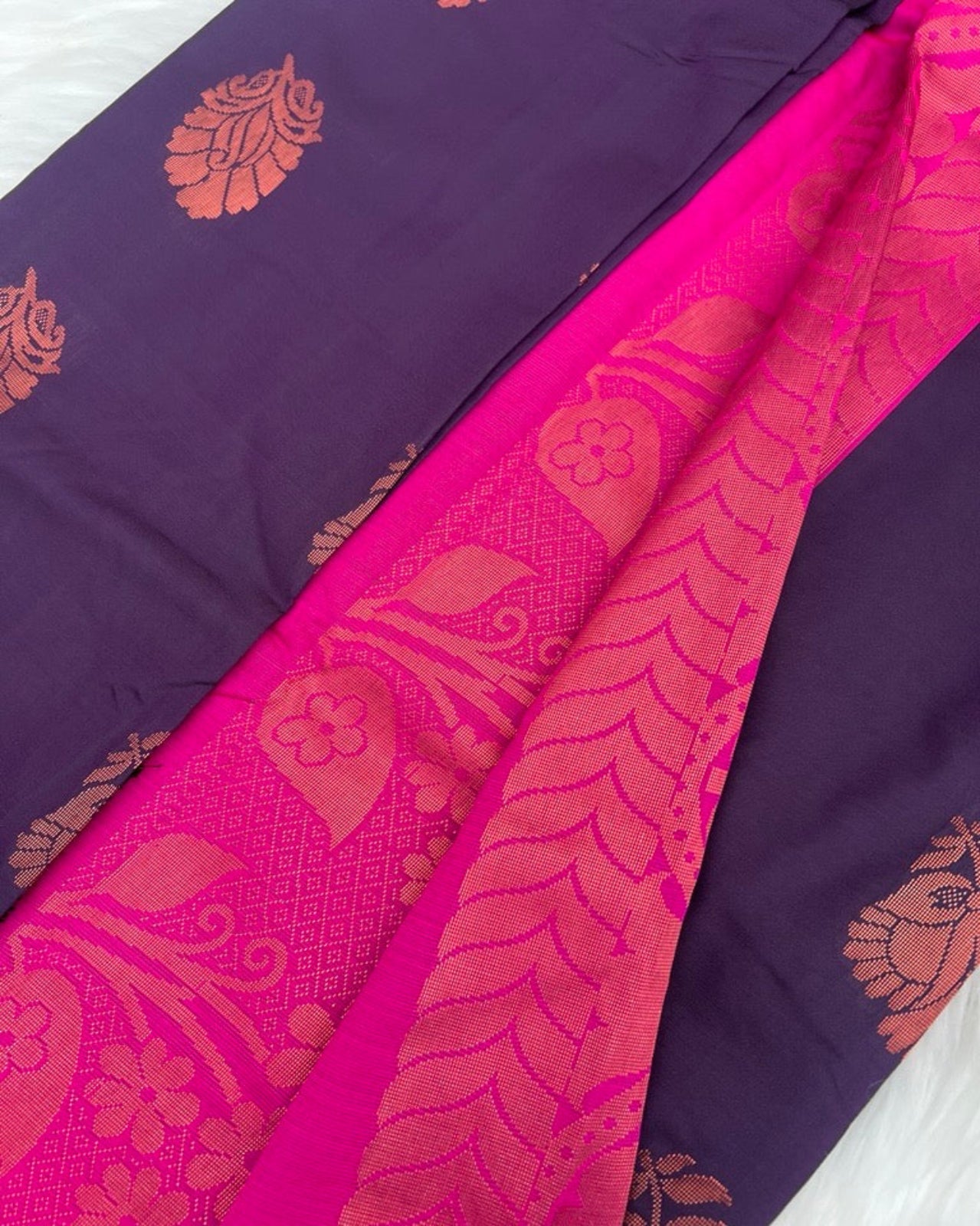 Purple Semi-Silk Saree with Elegant Rose Gold Motifs