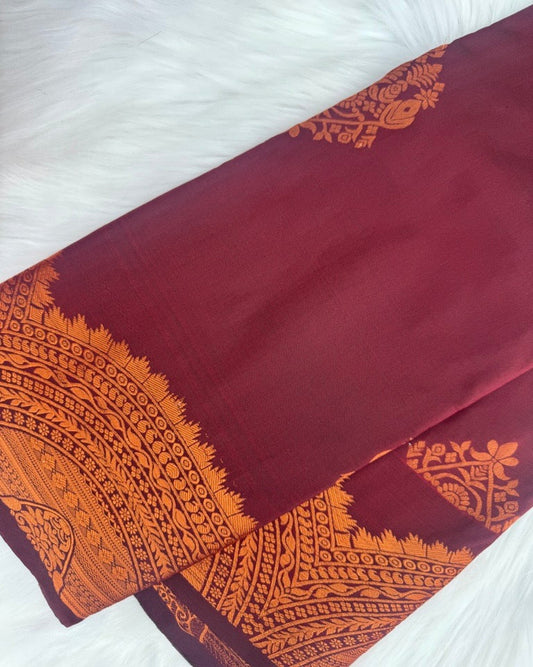 Dark Red Semi-Silk Saree with Intricate Turning Border