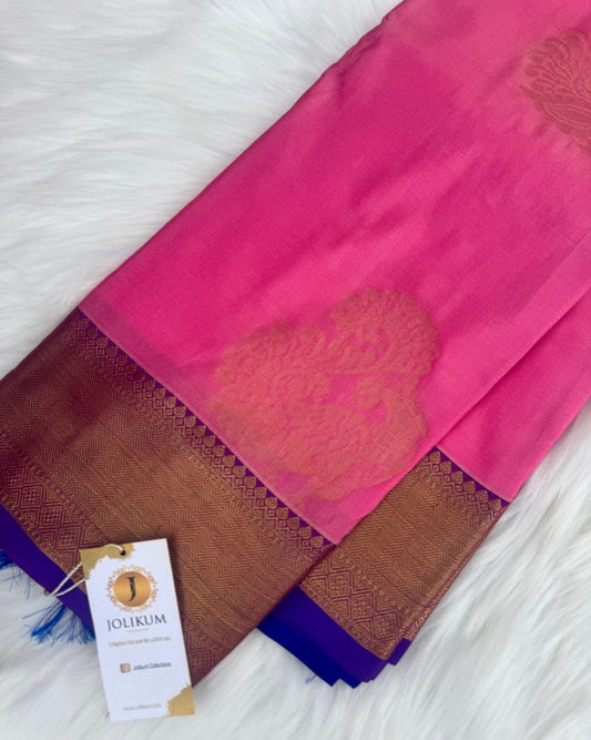 Bright Pink Semi-Silk Saree with Navy Blue Border and Rose Gold Zari