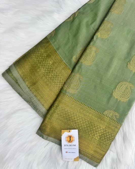 Green Cotton Silk Saree with Gold Zari Border