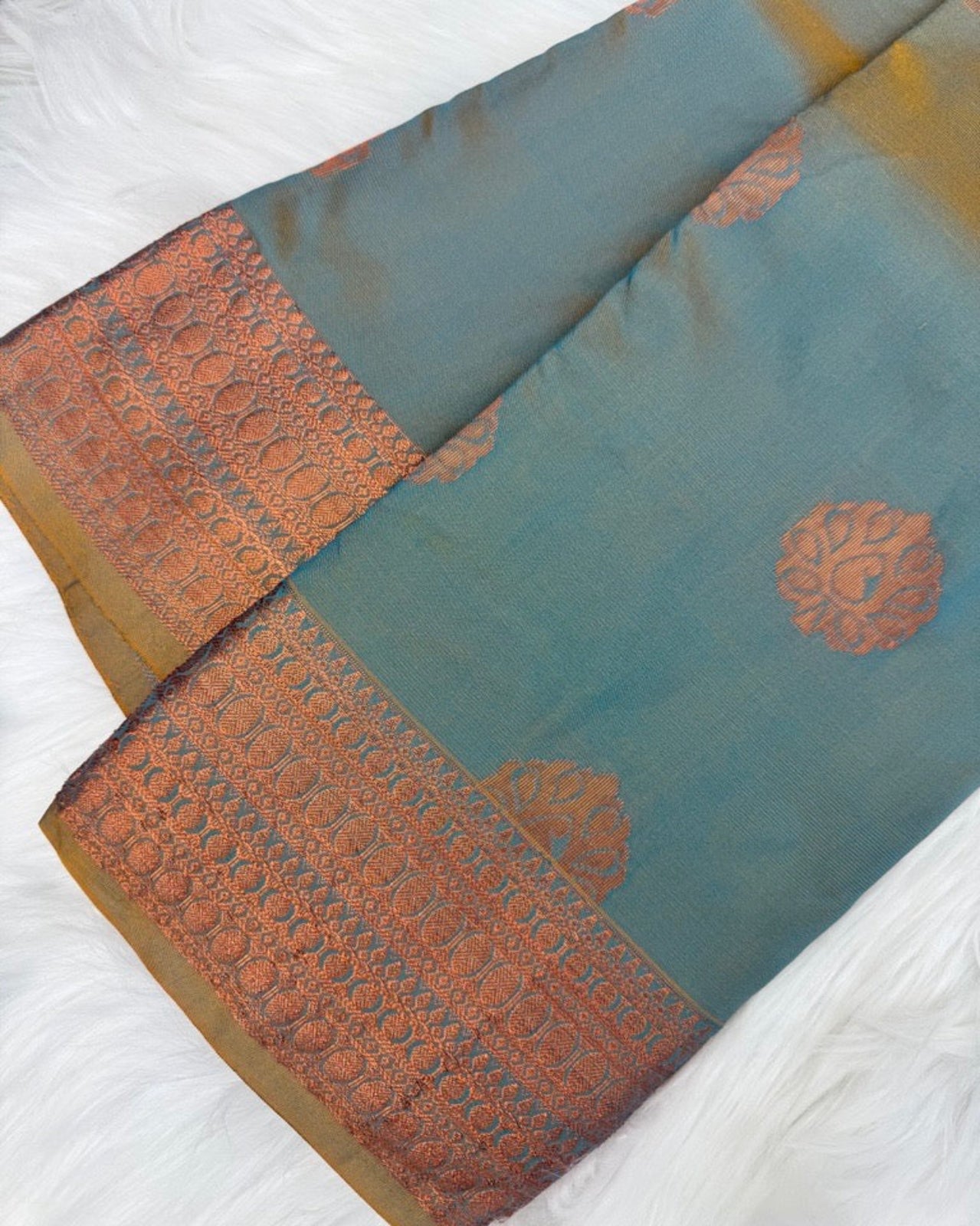 Two-Toned Blue Semi-Silk Saree with Copper Zari Border