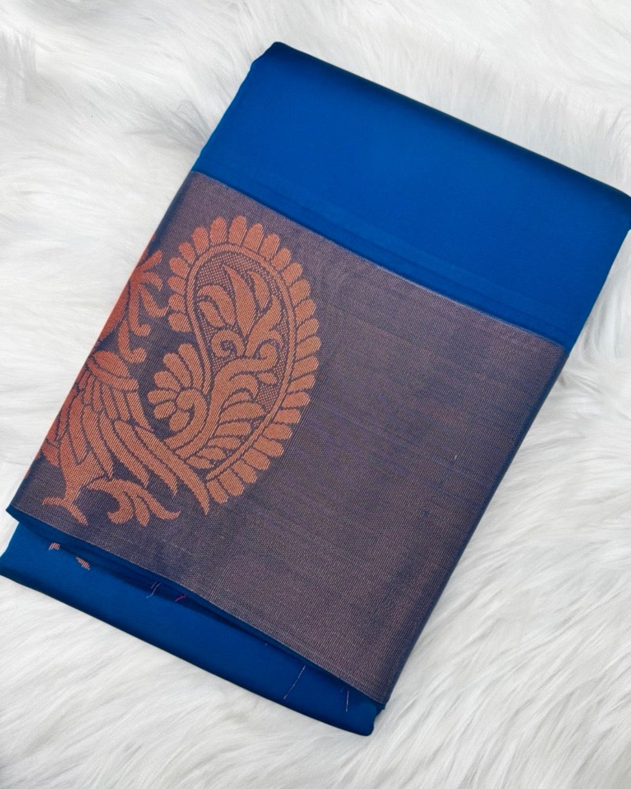 Dark Blue Semi-Silk Saree with Rose Gold & Copper Peacock Motifs