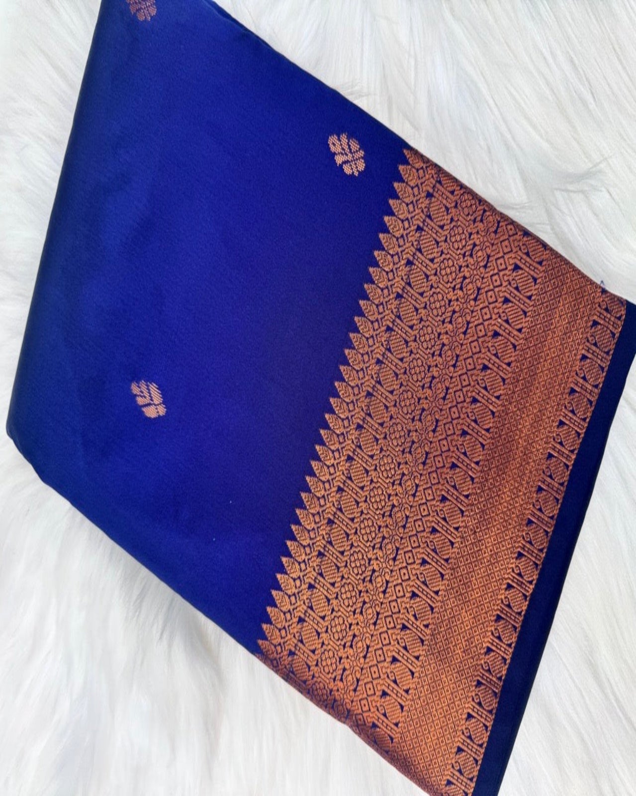 Dark Blue Semi-Silk Saree with Delicate Rose Gold Zari Work