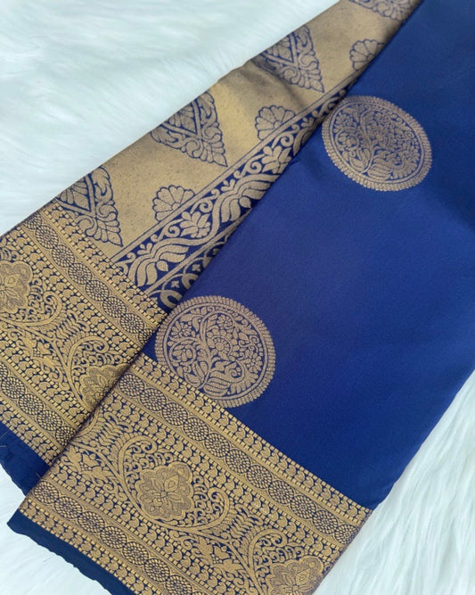 Dark Blue Semi-Silk Saree with Intricate Gold Zari Border and Pallu Motif