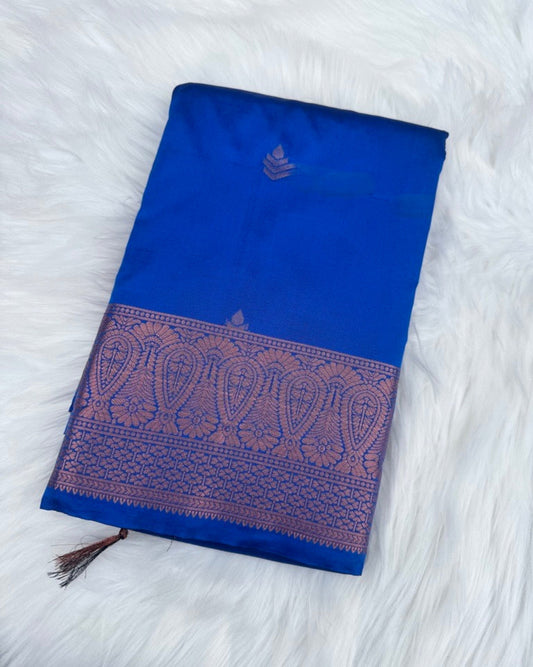 Blue Semi-Silk Saree with Elegant Rose Gold Zari Detailing
