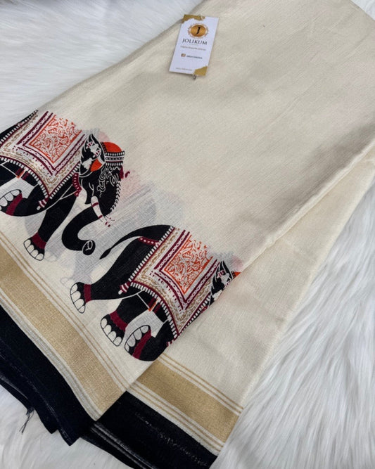 Graceful White Kasavu Saree with Detailed Elephant Border