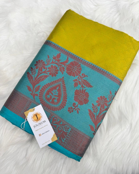 Green Semi Silk Sari with Bold Blue Border and Rose Gold Details