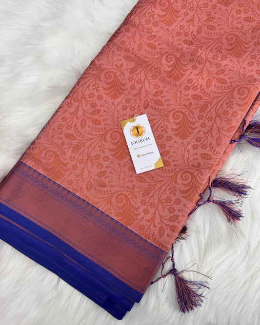 Peach Semi Silk Saree with Blue Border