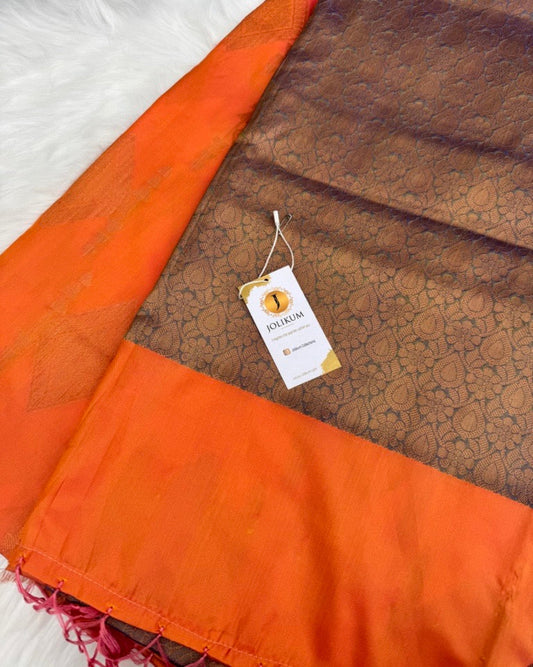 Vibrant Orange Semi Silk Saree with Dual-Tone Orange and Grey Border
