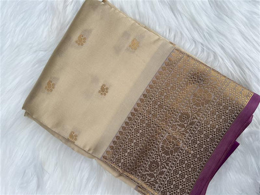 Beige Silk Saree with Gold Zari Buddas and Plum Border
