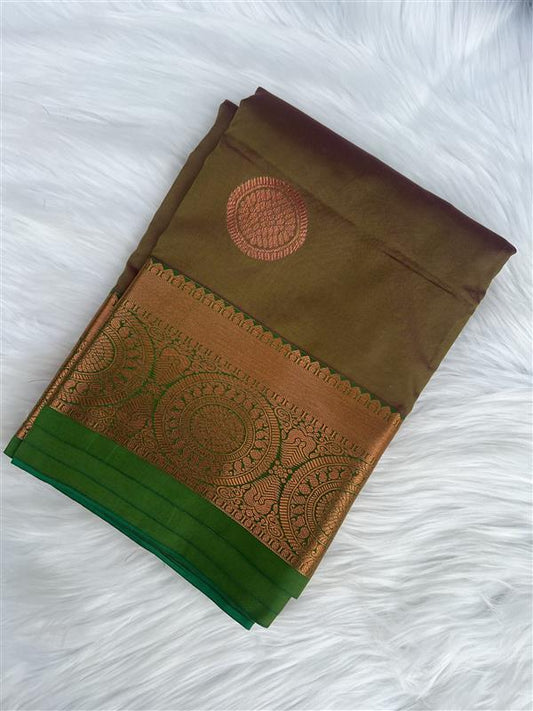 Olive Brown Silk Saree with Green Border