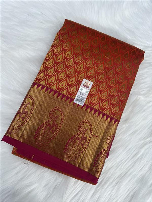 Maroon and Gold Pure Kanchipuram Silk Saree
