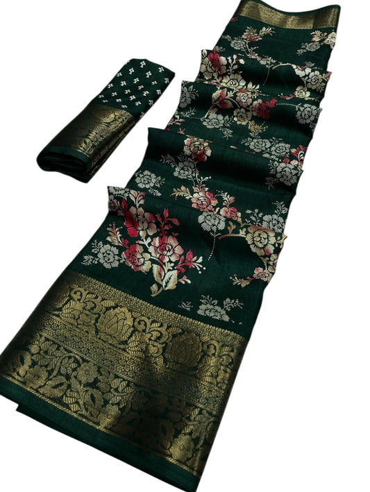 Dark Green Floral Zari Party Saree