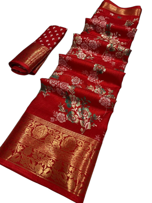 Red Floral Zari Party Saree