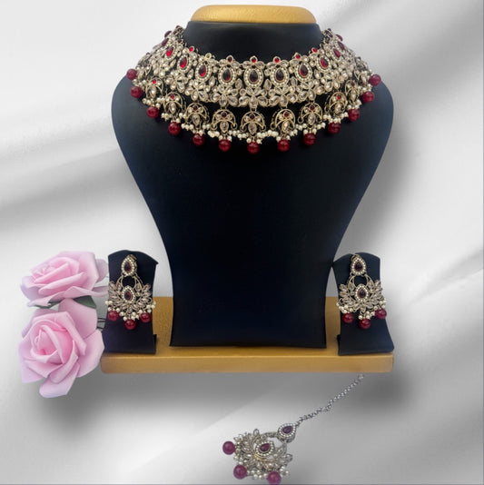 Gold Bridal Choker Set with Red Stones