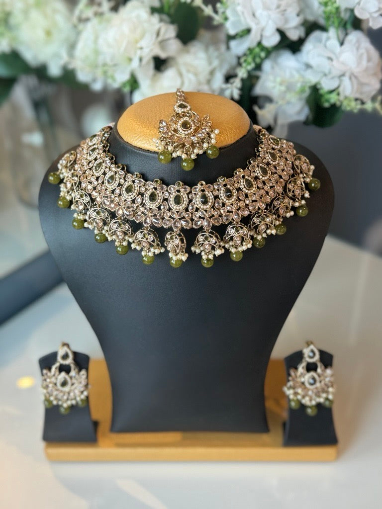Gold Bridal Choker Set with Green Beads