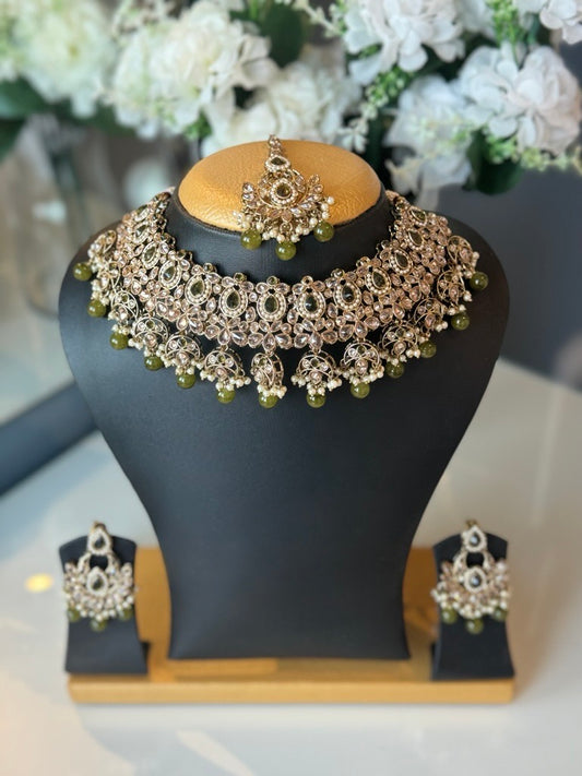 Gold Bridal Choker Set with Green Beads