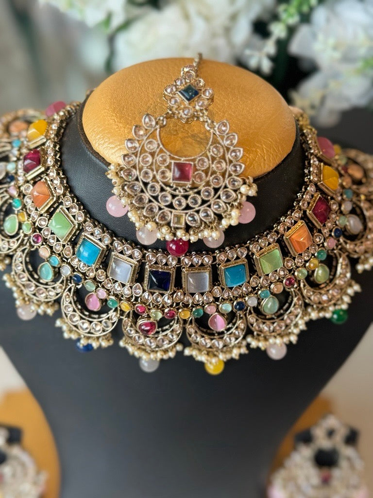 Gold Rainbow Stones Choker Set with Earrings & Tikka