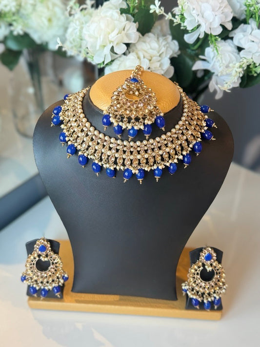 Navy Blue Beaded Choker Set with Earrings & Tikka