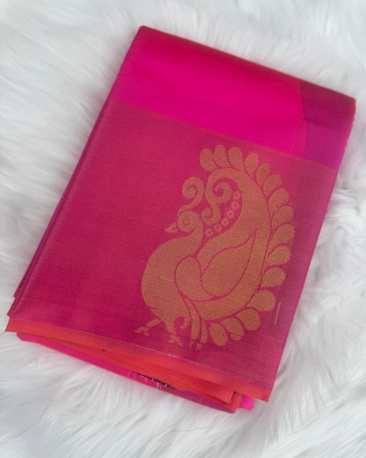 Bright Pink Semi-Silk Saree with Navy Blue Border and Rose Gold Zari