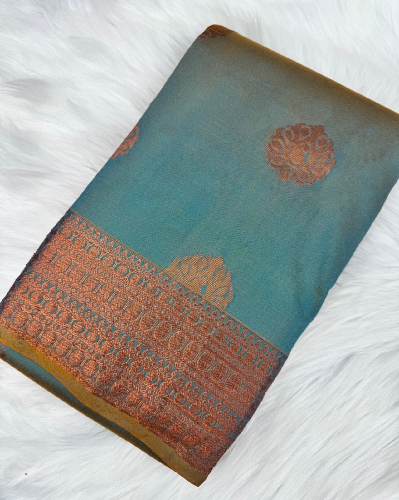 Two-Toned Blue Semi-Silk Saree with Copper Zari Border
