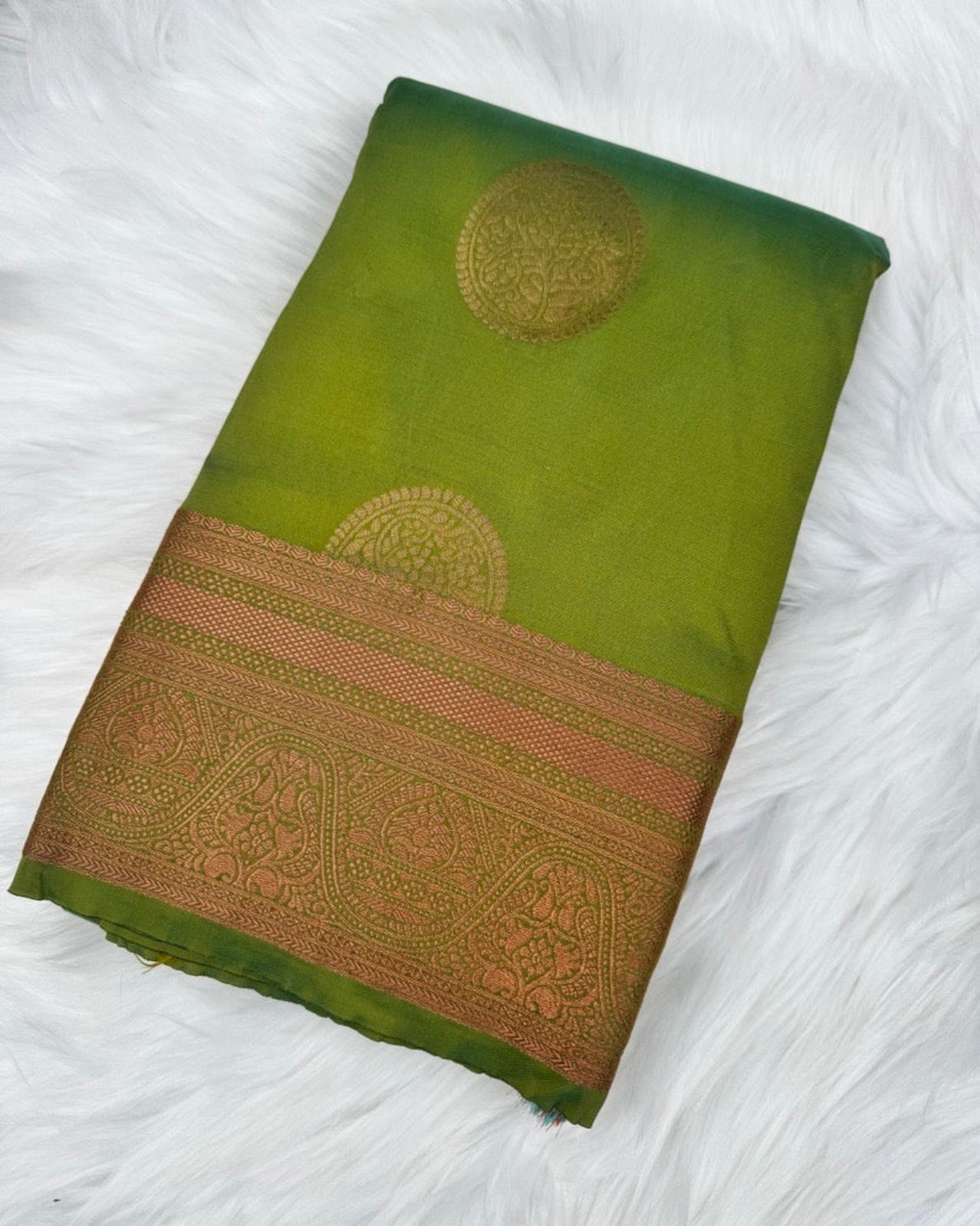 Green Semi-Silk Saree with Copper Buddha Motifs and Zari Border