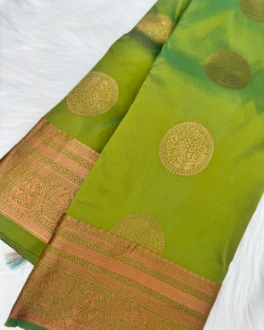 Green Semi-Silk Saree with Copper Buddha Motifs and Zari Border