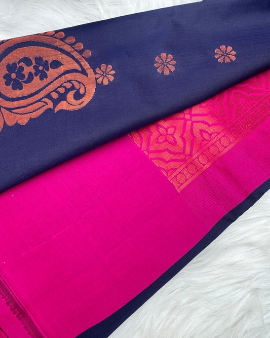 Royal Blue Semi-Silk Saree with Copper-Orange Floral and Paisley Weaving