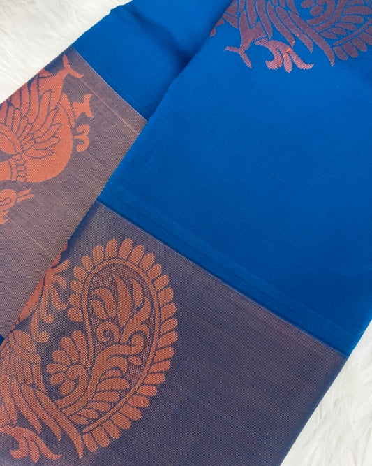 Dark Blue Semi-Silk Saree with Rose Gold & Copper Peacock Motifs
