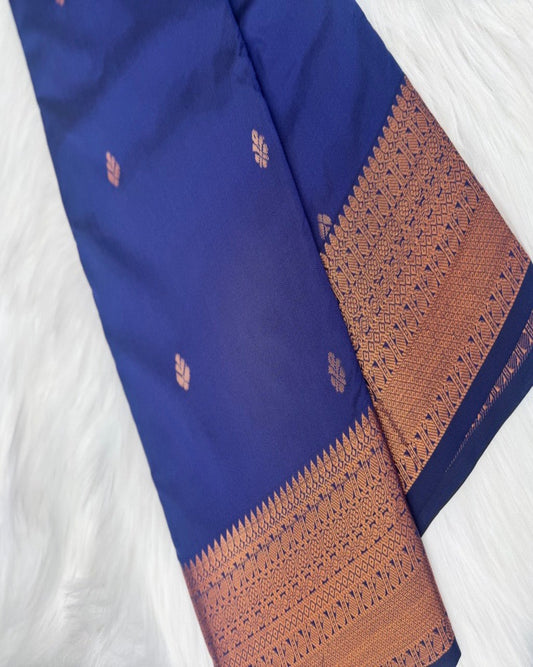 Dark Blue Semi-Silk Saree with Delicate Rose Gold Zari Work