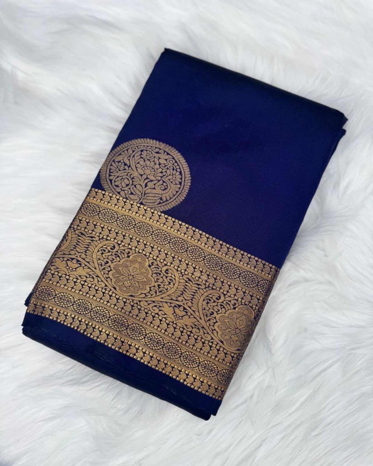 Dark Blue Semi-Silk Saree with Intricate Gold Zari Border and Pallu Motif