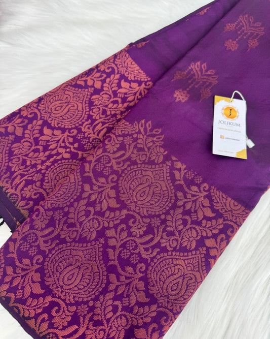 Dark Purple Semi Silk Saree with Bold Copper Zari Border