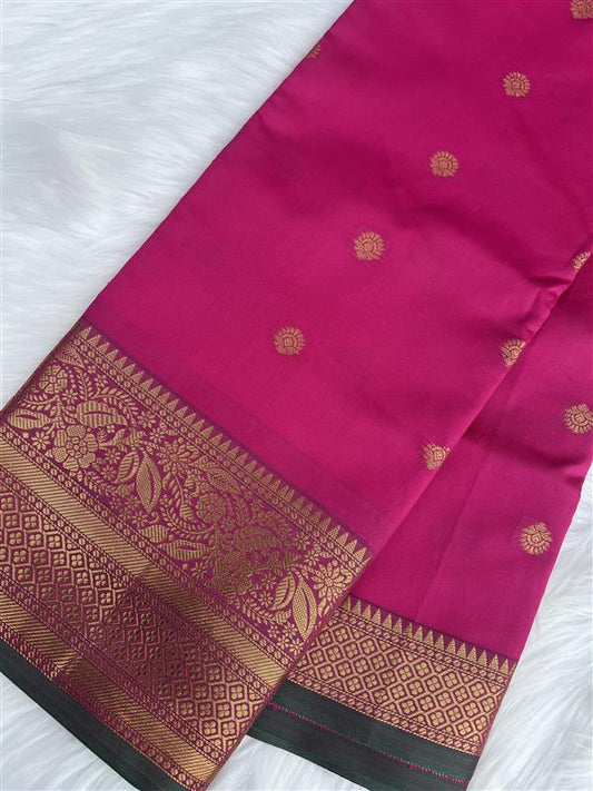 Magenta Semi-Silk Saree with Gold Zari and Green Selvedge