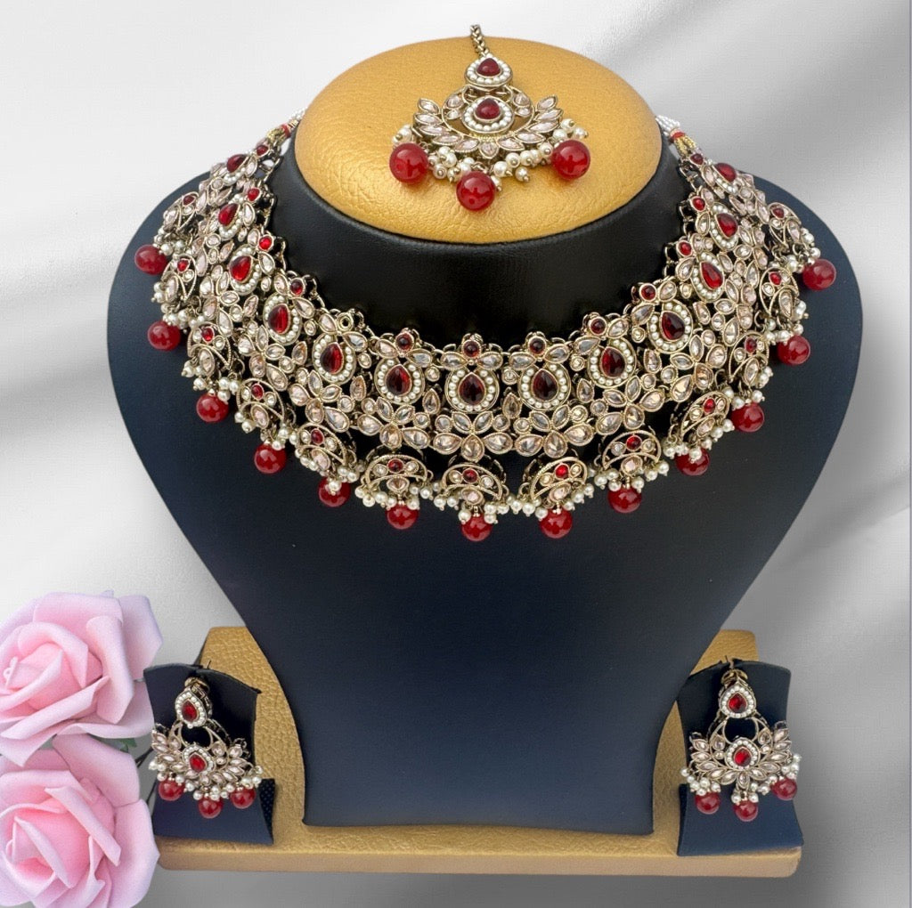Gold Bridal Choker Set with Red Stones