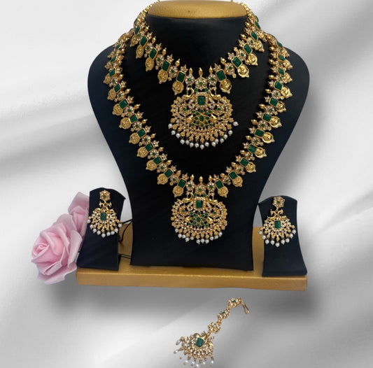 Gold Necklace & Haram Set with Green and Red Stones