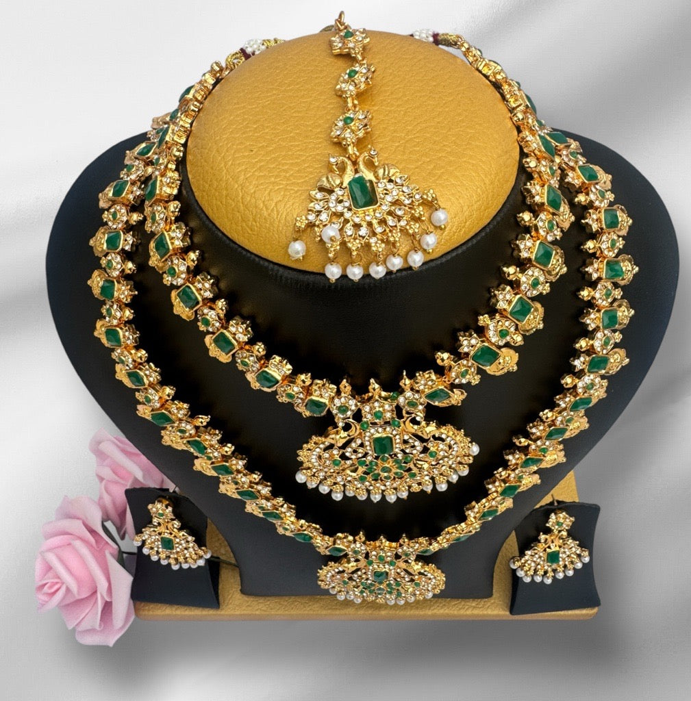 Gold Necklace & Haram Set with Green and Red Stones