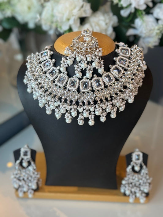 Silver Bridal Choker Set with Earrings & Tikka