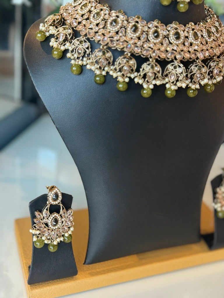 Gold Bridal Choker Set with Green Beads