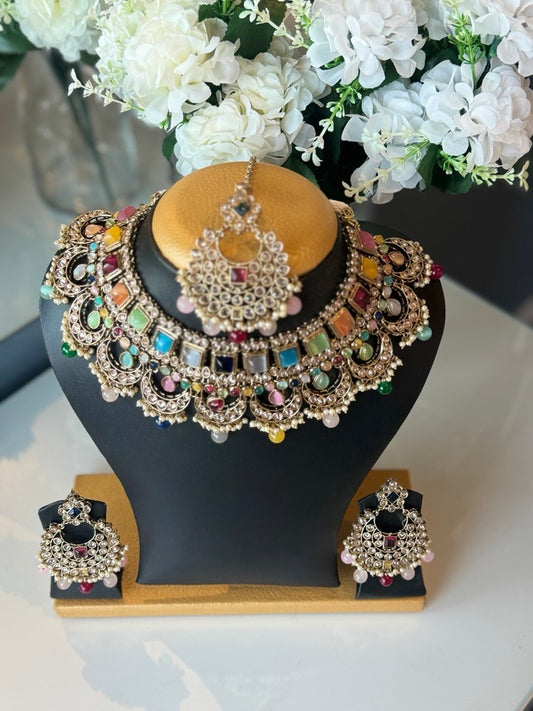 Gold Rainbow Stones Choker Set with Earrings & Tikka