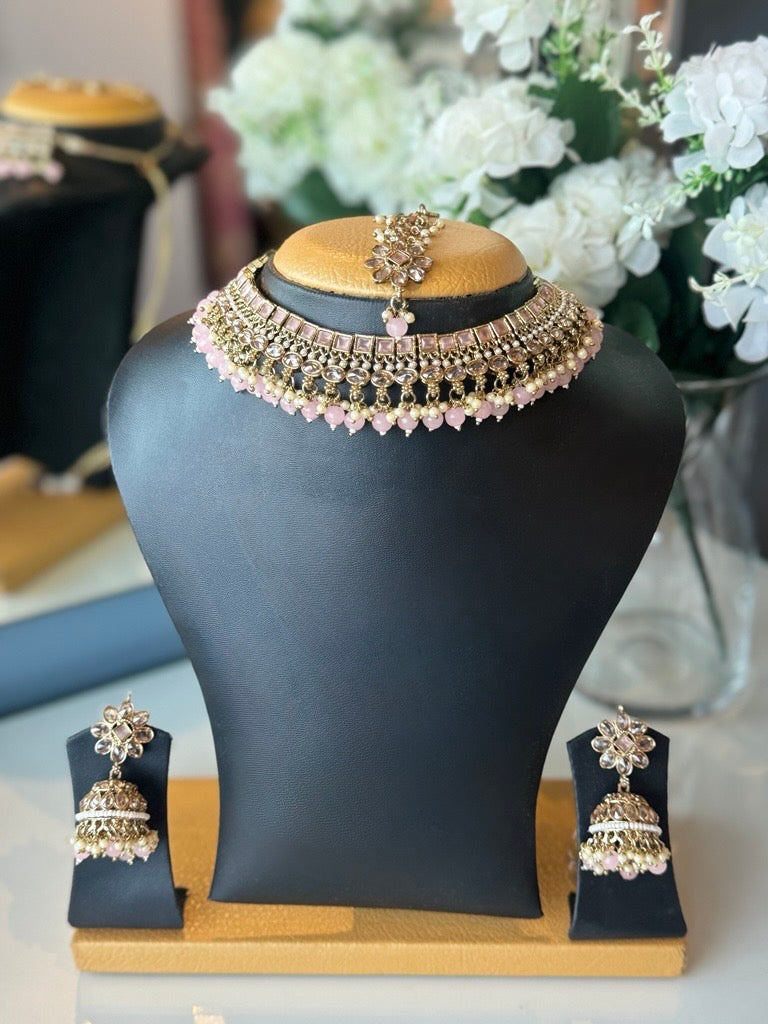 Gold Pink Choker Set with Jhumkas & Tikka
